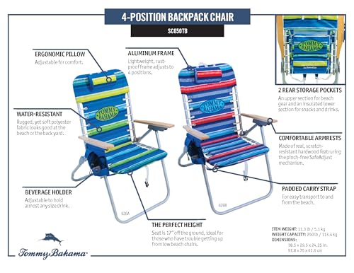 Tommy Bahama Hi-Boy 17" Seat Height 4-Position Lace-Up Suspension Folding Beach Backpack Chair, 1-Pack, Red and Blue Stripe