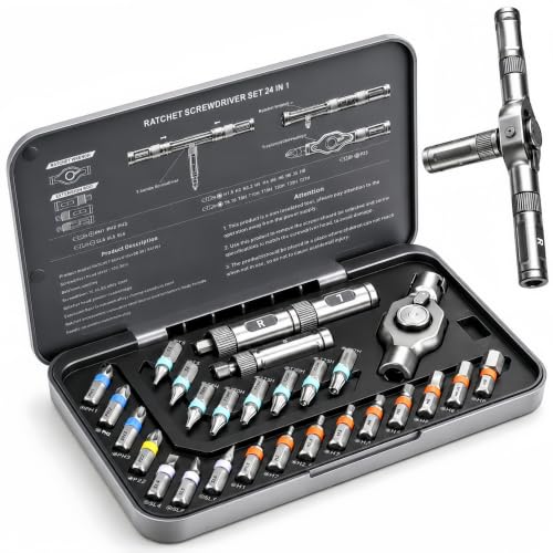 The Original Patented Screwdriver Set 24 in 1 Magnetic Ratchet with Precision Bits–Ideal for Home Repairs, DIY Projects,and Electronics–Ergonomic Rotatable Ratchet Handle and Storage Case–Holiday Gift