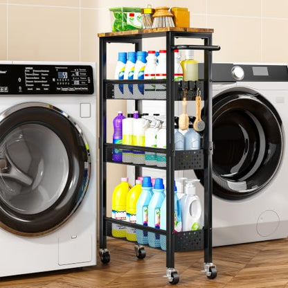 Gibyela 4-Tier Slim Utility Rolling Cart with Wheels, Wood Top, Metal | 7.1" Slim Design for Narrow Spaces, Wood Top with Metal Frame, Ideal for Laundry Room, Bathroom, Kitchen and Office