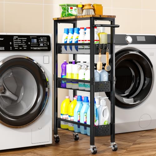 Gibyela 4-Tier Slim Utility Rolling Cart with Wheels, Wood Top, Metal | 7.1" Slim Design for Narrow Spaces, Wood Top with Metal Frame, Ideal for Laundry Room, Bathroom, Kitchen and Office
