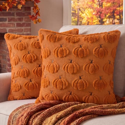 Softalker Fall Throw Pillow Covers 18x18 Set of 2 Rust Orange Pumpkin Decor