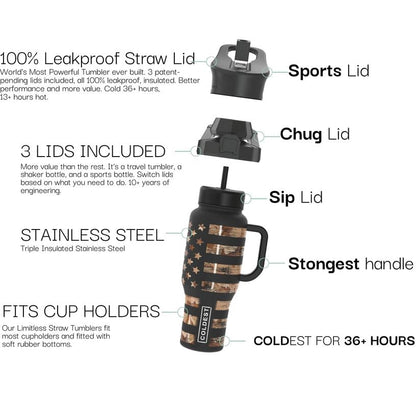 Coldest 40 oz Tumbler with Handle and Straw, 100% Leak Proof Insulated Tumbler with Lid and Straw (3 Lids), Stainless Steel Tumblers for Women & Men, Cup Holder Friendly, 36 oz (Camouflage Flag)
