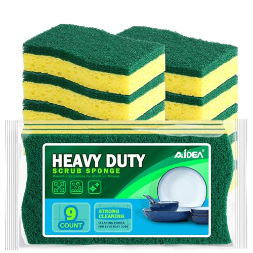 AIDEA Sponges Kitchen, 9Count, Dish Sponges, Heavy-Duty Sponge for Non-Coated Cookware, Scrubbing Power for Tough Messes, Cleaning Sponge for Kitchen, Bathroom, Household