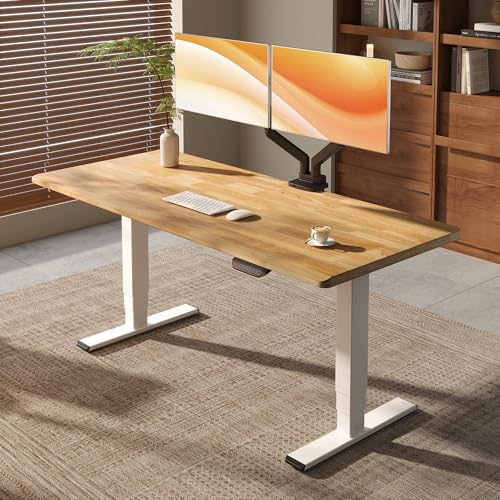 FLEXISPOT E6 MAX 1" Thick Beveled-Edge Solid Wood Standing Desk, 63"x30" Dual Motor 3-Stage Heavy Duty Workstation, 330lbs Weight Capacity Height Adjustable Desk (Maple Rubberwood + White Frame)