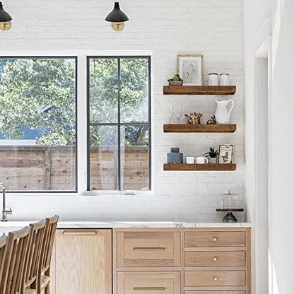 QEEIG Floating Shelves for Wall Bathroom Shelf Bedroom Kitchen Living Room Hanging Book Shelves Small Farmhouse Decor 16 inch Set of 3, Rustic Brown (015-BN3)