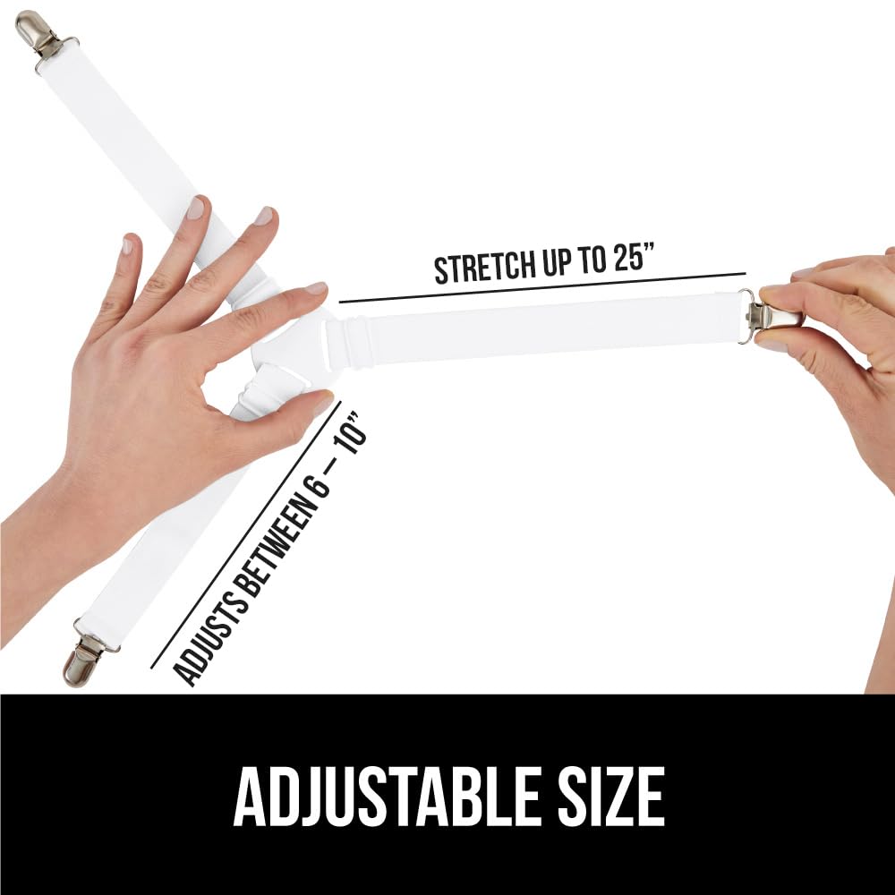 GORILLA GRIP Bed Sheet Straps, Adjustable Elastic Fasteners with Metal Clips, Keep in Place Fitted Bedding Holder, Easy Install Suspenders Mattress, Firm Tight Accessories, 4 Pack White