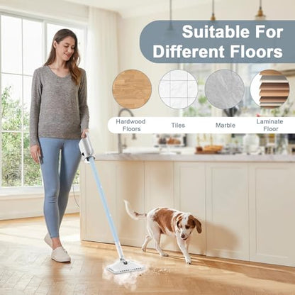Steam Cleaner, 6 in1 Rotated Steam Mop Cleaner with 2 Modes, 2 Microfiber Pads, 400ML Removable Tank, 23FT Power Cable, Detachable Steam Mops for Floor, Laminate Floor, Tiles Cleaning (Deepwater Blue)