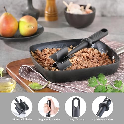 Meat Chopper for Ground Beef, JJOO Heat Resistant Hamburger Meat Chopper, Nylon 5 Curved Blades Ground Beef Smasher, Non-Stick Meat Masher, Mix and Chop Kitchen Tool (Black)