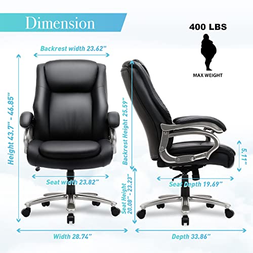 COLAMY Big & Tall Office Chair 400lbs Wide Seat- High Back PU Leather Executive Computer Desk Chair for Heavy People, Large Office Chair with Metal Base & Ergonomic Back Support- Black