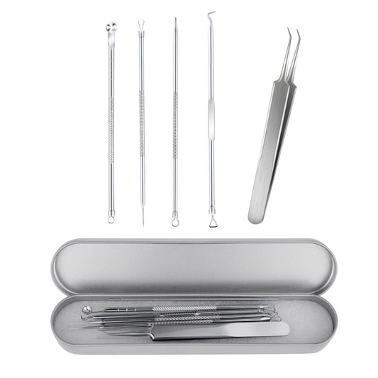 Blackhead Remover Tool Pimple Popper Tool Kit 5 Pack Blackhead Extractor Tools with Case Comedone Zit Acne Blemish Whitehead Removal Kit Professional Stainless Steel Extractor Tools for Face Nose