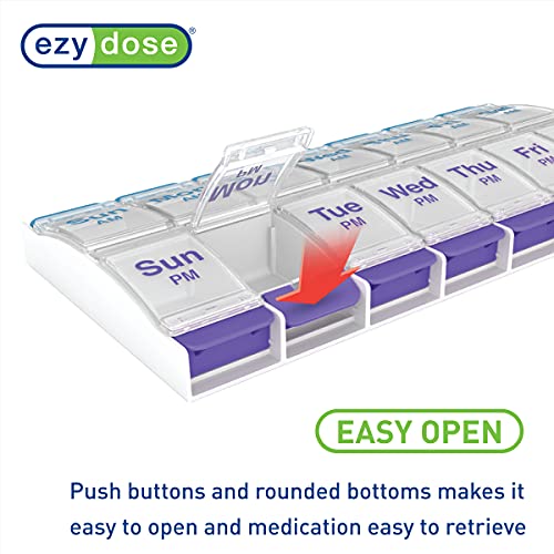 EZY DOSE Push Button (7-Day) Pill Case, Medicine Planner, Vitamin Organizer, 2 Times a Day AM/PM, Large Compartments, Arthritis Friendly, Clear Lids, Purple/Blue