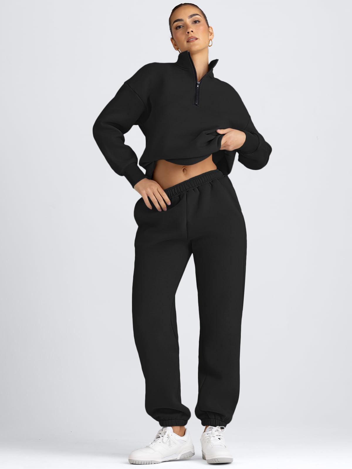 AUTOMET Women's Sweatsuits 2 Piece Outfits Lounge Sets Long Sleeve Half Zip Pullover and Baggy Sweatpants with Pockets Black XL
