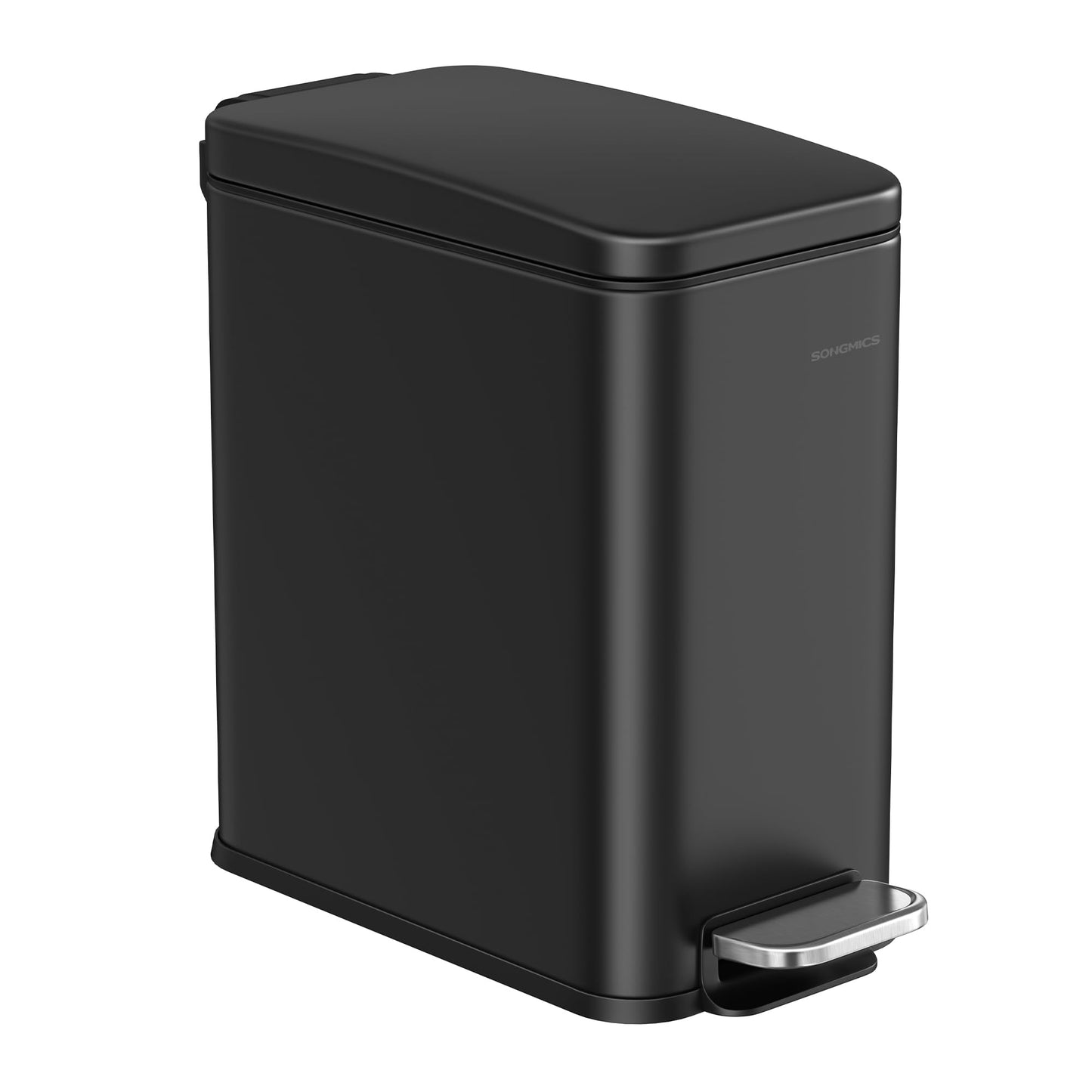 SONGMICS Bathroom Trash Can, 1.3 Gallon (5 L) Small Trash Bin with Lid, Slim for Small Spaces, Stainless Steel Garbage Can, Soft Close, Black ULTB560B05