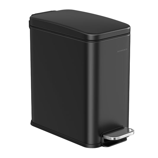 SONGMICS Bathroom Trash Can, 1.3 Gallon (5 L) Small Trash Bin with Lid, Slim for Small Spaces, Stainless Steel Garbage Can, Soft Close, Black ULTB560B05