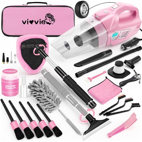 Vioview Pink Car Cleaning Kit, 25Pcs Detailing Kit Interior with 4-in-1 Power Handheld Vacuum Cleaner, Detailing Brush Set, 2-in-1 Windshield Cleaner Tool, Car Accessories for Cleaning, Gift for Women