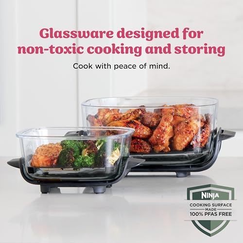 Ninja | Air Fryer | Crispi 4-in-1 Portable Cooking System | 4QT & 6 Cup Glass Containers, Crisper Plates & Storage Lids Included | Microwave, Freezer & Dishwasher Safe | Cherry Crush | FN101DR