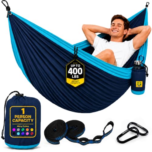 Durable Hammock 400 lb Capacity, Nylon Camping Hammock Chair - Double or Single Sizes w/Tree Straps and Attached Carry Bag - Portable for Travel/Backpacking/Beach/Backyard (Medium, Blue & Light Blue)