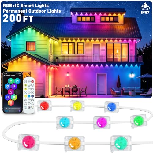 LADIKAKA 200FT Permanent Outdoor Lights,RGB+IC App ControlRemote, IP67 Waterproof Lighting,Outdoor Lights for Chasing Lights,Garden Decor,House,Party,Holiday,Smart