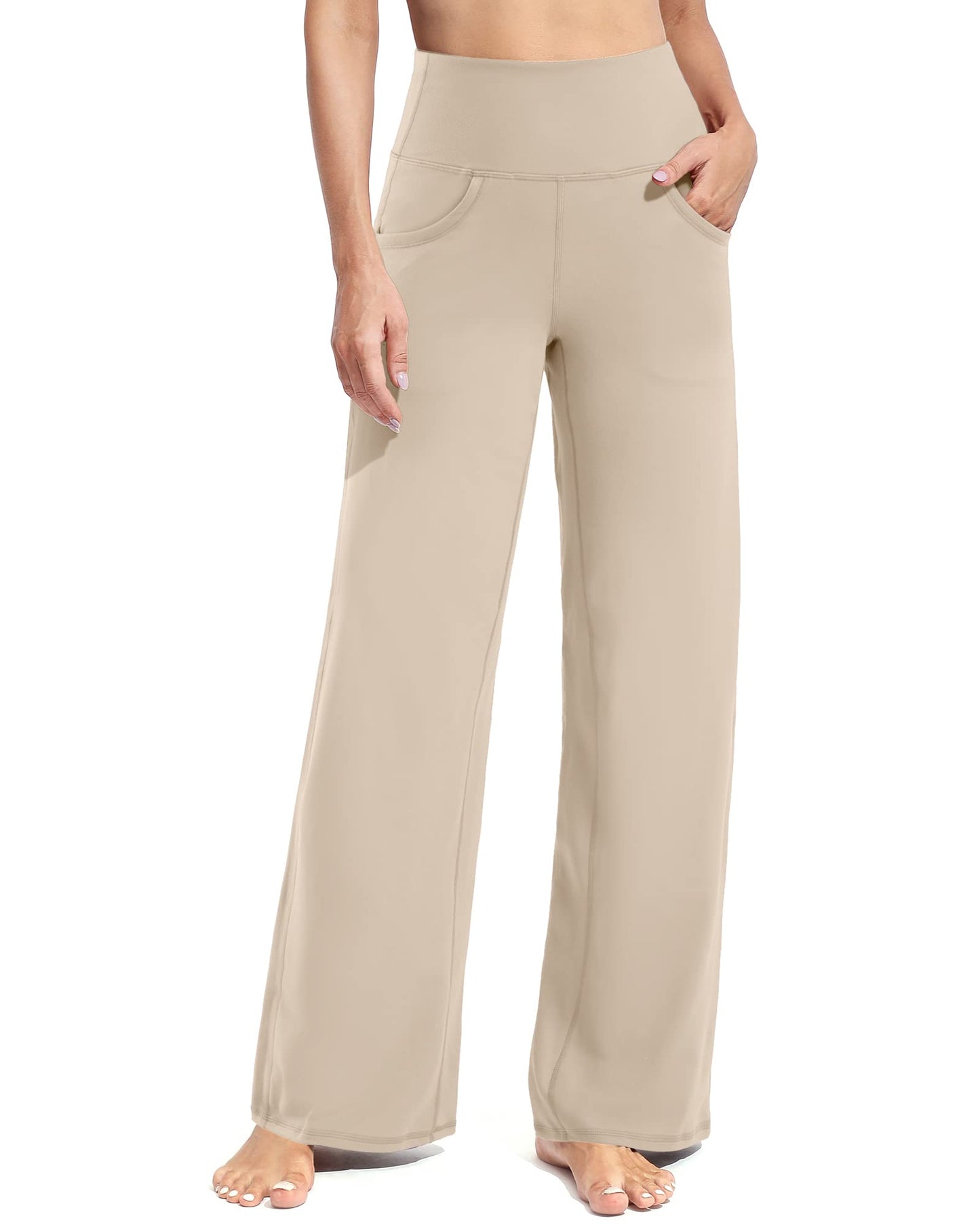 Promover Women's Wide Leg Yoga Pants High Waisted Stretch Flare Pants Comfy Lounge Palazzo Pants Petite(Light Khaki,M,28")