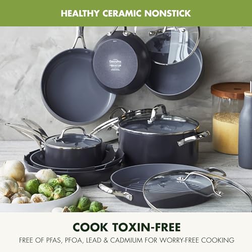 GreenPan Valencia Pro Ceramic Nonstick 16 Piece Cookware Set, Hard Anodized PFAS-Free Pots & Pans, Induction Ready, Compatible on All Cooktops, Dishwasher Safe, Oven Safe to 600F, Gray