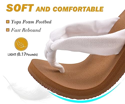 KuaiLu Flip Flops for Women with Arch Support Yoga Mat Comfortable Summer Beach Walking Thong Cushion Sandals Slip On Indoor Outdoor White Khaki Size 8