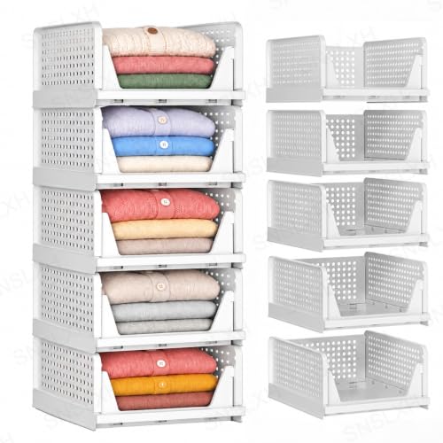 5 Pack Closet Organizers and Storage, Reinforced Stackable Closet 16.73" in | Foldable Closet Storage Bins for Clothes, Towels, Stackable Wardrobe Shelf Organizer for Bedroom & Laundry Room