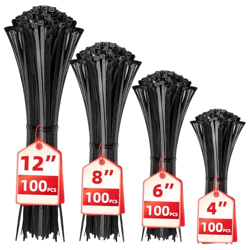 Cable Zip Ties, 400 Pack Black Assorted Sizes 12+8+6+4 Inch, Multi-Purpose Self-Locking Nylon Cable Cord Management, Plastic Wire Ties for Home, Office, Garden, Workshop