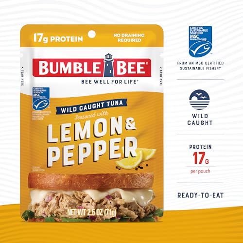 Bumble Bee Lemon & Pepper Seasoned Tuna, 2.5 oz Pouches (Pack of 12) - Ready to Eat - Wild Caught Tuna Pouch - 17g Protein per Serving - Gluten Free