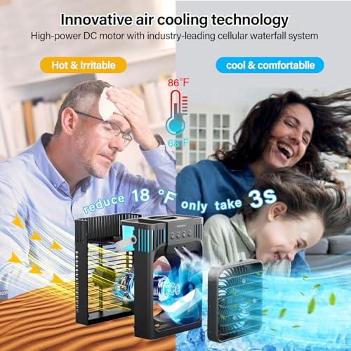 Portable air conditioners with remote control, silent with 3 speeds, cooling fan of 1200 ml Personal Air Cooler Fan with 3 Mist, 7 Night Light, 8H Timer, Small Air Conditioner for Bedroom Office
