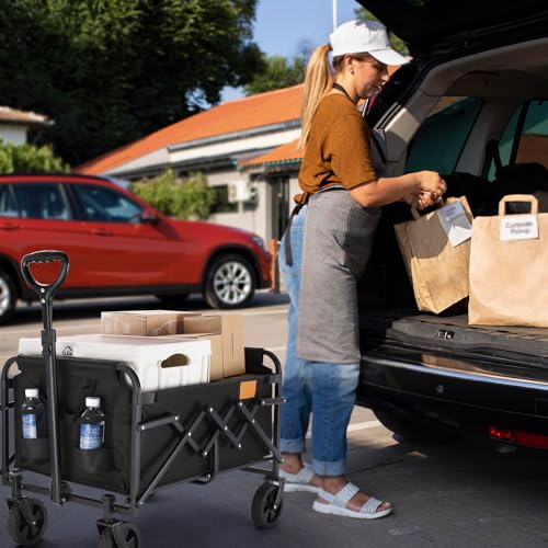 Uyittour Collapsible Wagon Cart Foldable with 220lbs Weight Capacity, Lightweight Portable Folding Utility Grocery Shopping Cart with Wheels for Camping Sports Beach and Shopping