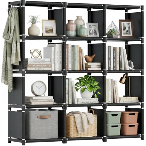 Mavivegue Book Shelf, 12 Cube Storage Organizer, DIY Bookcase, Metal Bookshelf,Tall Book case for Bedroom, Living Room,Office,Closet, Black Cubicle Rack