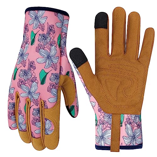 MERTURN Leather Gardening Gloves for Women Garden Gloves Thorn Proof Touch Screen Design Heavy Duty Yard Working Gift pi M