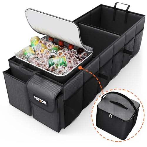 HOTOR Trunk Organizer, Sturdy Foldable with Cooler for Car & SUV, 3 Compartments, Black