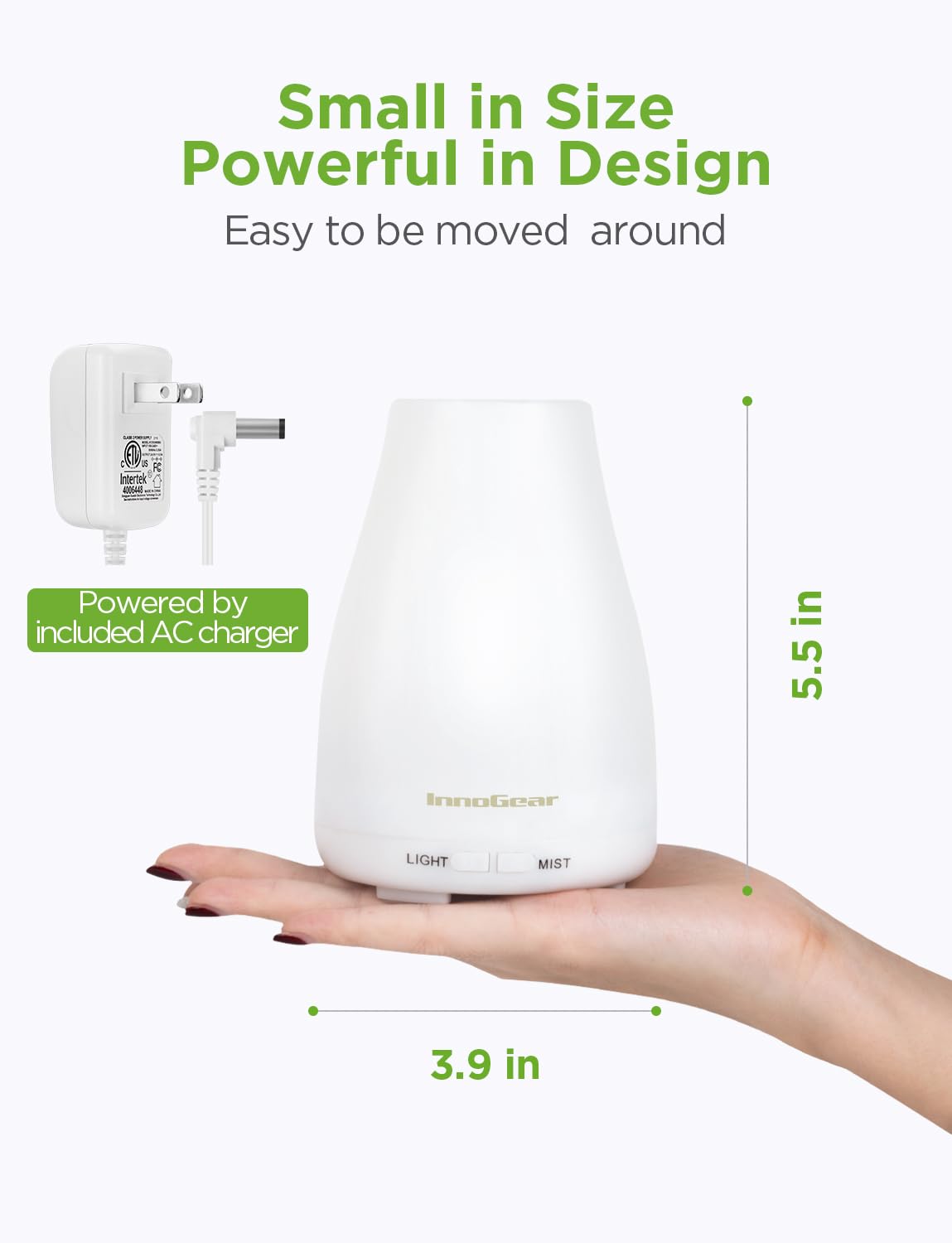 InnoGear Essential Oil Diffuser, Premium 5-in-1 Diffusers for Home Scent Aromatherapy Diffuser Air Desk Humidifier for Bedroom Large Room Office 7 Color LED 2 Mist Mode Waterless Auto Off, Basic White