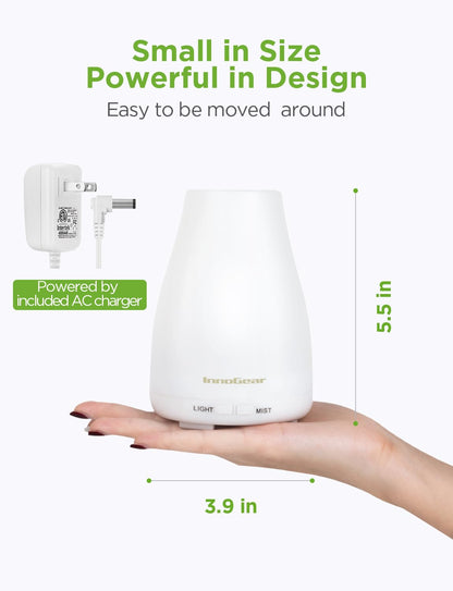 InnoGear Essential Oil Diffuser, Premium 5-in-1 Diffusers for Home Scent Aromatherapy Diffuser Air Desk Humidifier for Bedroom Large Room Office 7 Color LED 2 Mist Mode Waterless Auto Off, Basic White