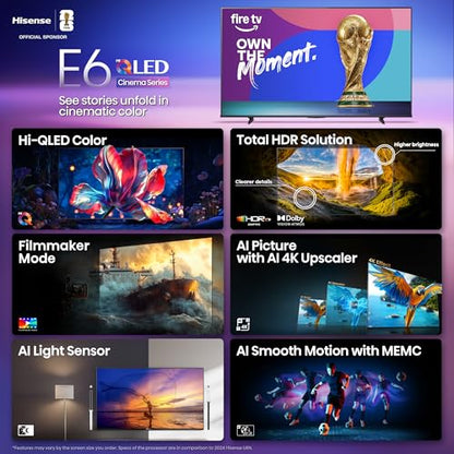 Hisense 50" E6 Cinema Series Hi-QLED 4K UHD Smart Fire TV (50E6QF) - AI Light Sensor, Dolby Vision · Atmos, Voice Remote with Alexa, Motion Rate 120, HDR 10+ Adaptive, Game Mode Plus