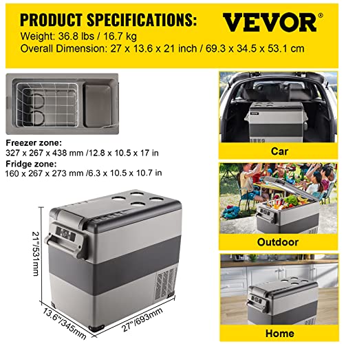 VEVOR 12 Volt Refrigerator, 58 Quart Car Refrigerator, Dual Zone Portable Refrigerator,RV Refrigerator with 12/24V DC and 110-240V AC, Freezer Fridge Cooler, for Car, RV, Camping and Home Use(-4℉~68℉)
