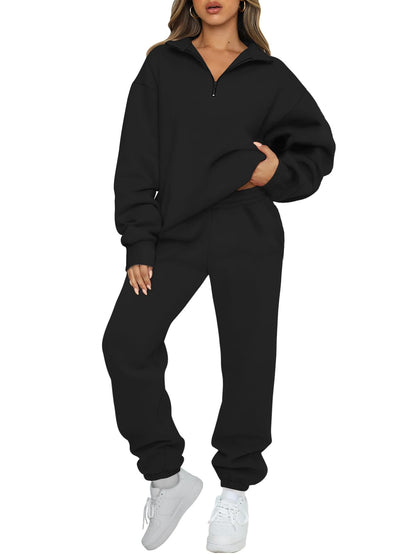 AUTOMET Women's Sweatsuits 2 Piece Outfits Lounge Sets Long Sleeve Half Zip Pullover and Baggy Sweatpants with Pockets Black XL