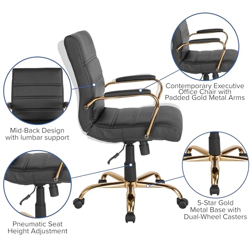 Flash Furniture Whitney Mid-Back Swivel LeatherSoft Desk Chair with Wheels, Padded Seat and Armrests, Adjustable Height Padded Office Chair, Black