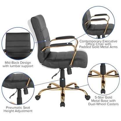 Flash Furniture Whitney Mid-Back Swivel LeatherSoft Desk Chair with Wheels, Padded Seat and Armrests, Adjustable Height Padded Office Chair, Black