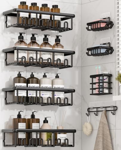 Zeawec 8 Pack Adhesive Rustproof Shower Caddy with Soap Dishes, Toothbrush Holder & Hooks, Large Capacity No-Drilling Shower Shelves Rack for Bathroom Organizers and Storage Accessories, Black