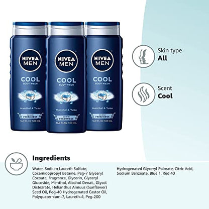 Nivea Men Cool Body Wash with Icy Menthol, Scented Body Wash for Men, 3 Pack of 16.9 Fl Oz Bottles