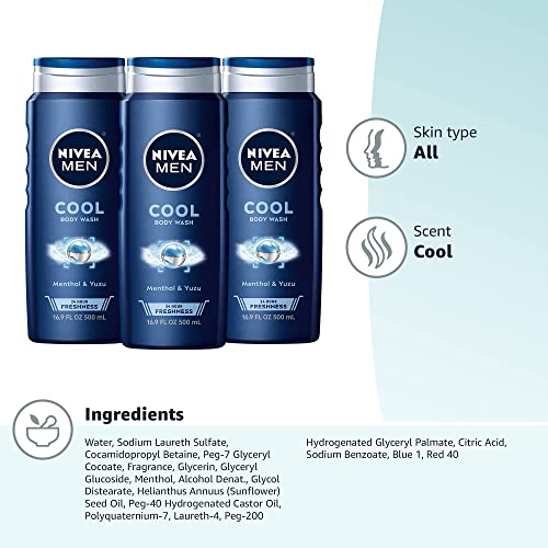 Nivea Men Cool Body Wash with Icy Menthol, Scented Body Wash for Men, 3 Pack of 16.9 Fl Oz Bottles