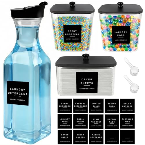 POLRAI Laundry Pod Containers and Dryer Sheet Holder and Laundry Detergent Dispenser Clear Laundry Room Organization and Storage with Wooden Lids Labels and spoon （2+1+1 Pack）