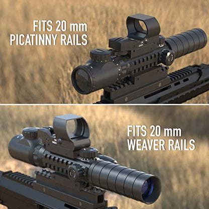 Pinty 4-in-1 Rifle Scope Combo, 3-9x32 Rangefinder Scope, Red & Green Dot Sight, Green Laser, 14 Slots Riser