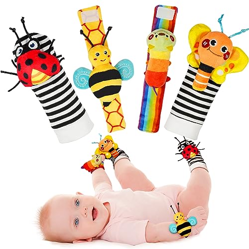 Infinno Wrist Rattles and Foot Finder Socks Set, Baby Toys for 0-12 Months | Soft crinkle textures, encourages reaching and kicking, garden bug characters, newborn shower gift, boys and girls