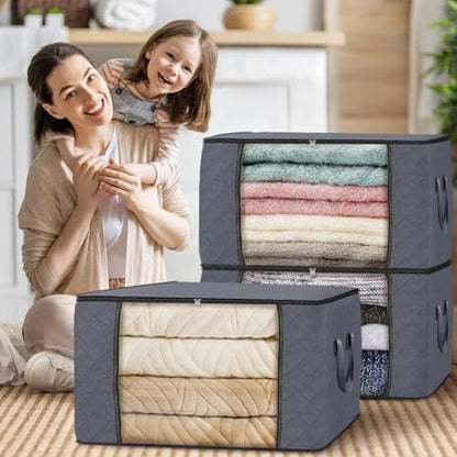 Fab totes 6 Pack Clothes Storage, Foldable Thick Fabric Blanket Storage Bags, Storage Containers for Organizing Bedroom, Closet, Clothing, Comforter, Organization and Storage with Handle,Grey