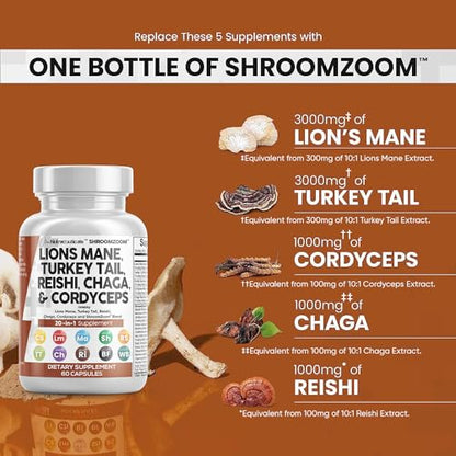 Clean Nutraceuticals Lions Mane 3000mg 20in1 Mushroom Supplement with Turkey Tail 2000mg Reishi 1000mg Cordyceps Chaga 1000mg Maitake Meshima Poria Cocos Shiitake Oyster Porcini Enoki 60 Count