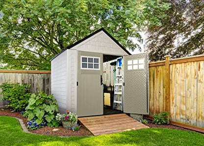 Rubbermaid Resin Outdoor Storage Shed With Floor (7 x 7 Ft), Weather Resistant, Beige/Brown, Organization for Home/Backyard/Garden Tools/Lawn Mower/Bike Storage/Pool Supplies