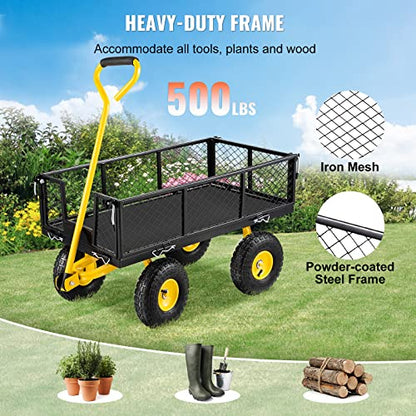 VEVOR Steel Garden Cart, Heavy Duty 500 lbs Capacity, with Removable Mesh Sides to Convert into Flatbed, Utility Metal Wagon with 180° Rotating Handle and 10 in Tires, Perfect for Garden, Farm, Yard